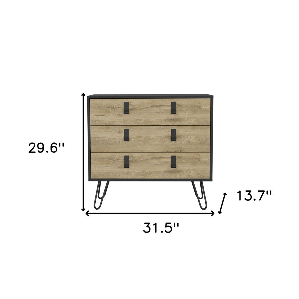 32" Natural and Black Three Drawer Dresser HomeRoots
