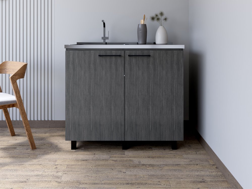 35" X 39" Dark Gray And Silver Stainless Steel and Wood Utility Cabinet With Sink HomeRoots