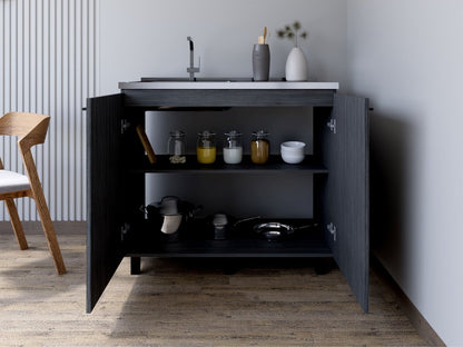 35" X 39" Dark Gray And Silver Stainless Steel and Wood Utility Cabinet With Sink HomeRoots
