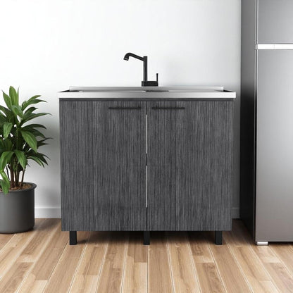 35" X 39" Dark Gray And Silver Stainless Steel and Wood Utility Cabinet With Sink HomeRoots