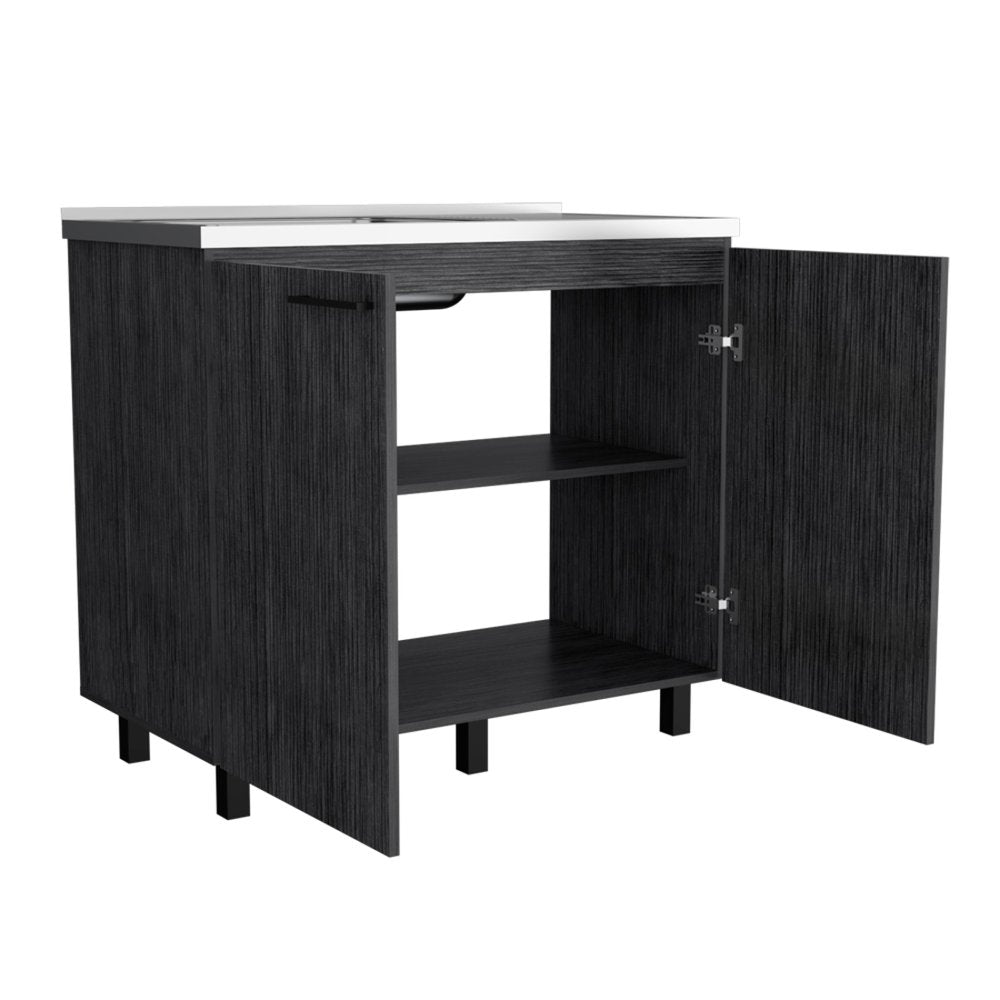 35" X 39" Dark Gray And Silver Stainless Steel and Wood Utility Cabinet With Sink HomeRoots