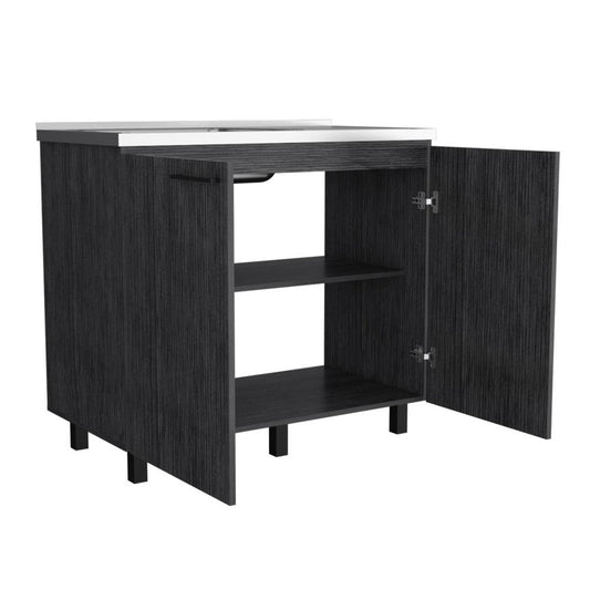 35" X 39" Dark Gray And Silver Stainless Steel and Wood Utility Cabinet With Sink HomeRoots