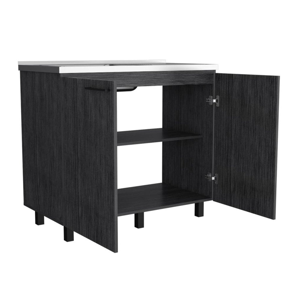 35" X 39" Dark Gray And Silver Stainless Steel and Wood Utility Cabinet With Sink HomeRoots