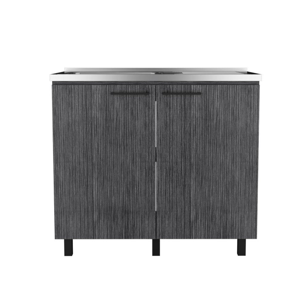 35" X 39" Dark Gray And Silver Stainless Steel and Wood Utility Cabinet With Sink HomeRoots