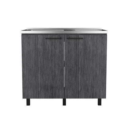 35" X 39" Dark Gray And Silver Stainless Steel and Wood Utility Cabinet With Sink HomeRoots