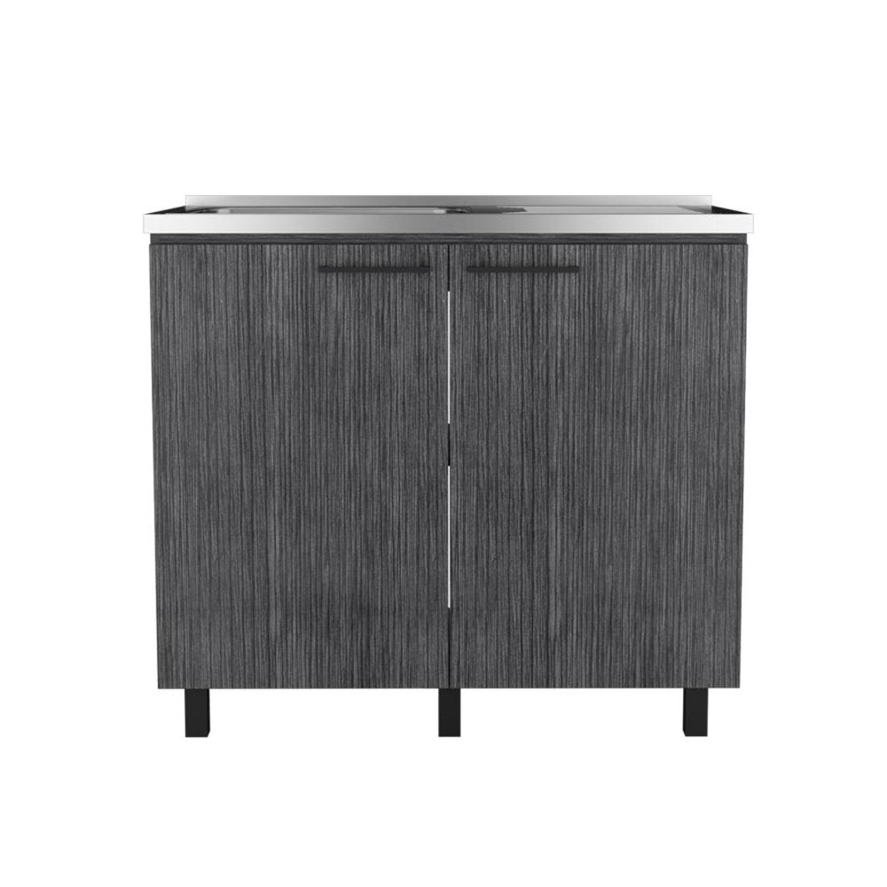 35" X 39" Dark Gray And Silver Stainless Steel and Wood Utility Cabinet With Sink HomeRoots