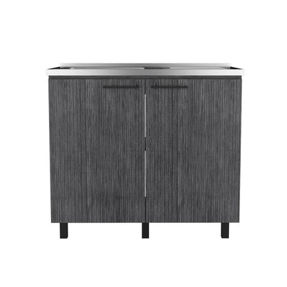 35" X 39" Dark Gray And Silver Stainless Steel and Wood Utility Cabinet With Sink HomeRoots