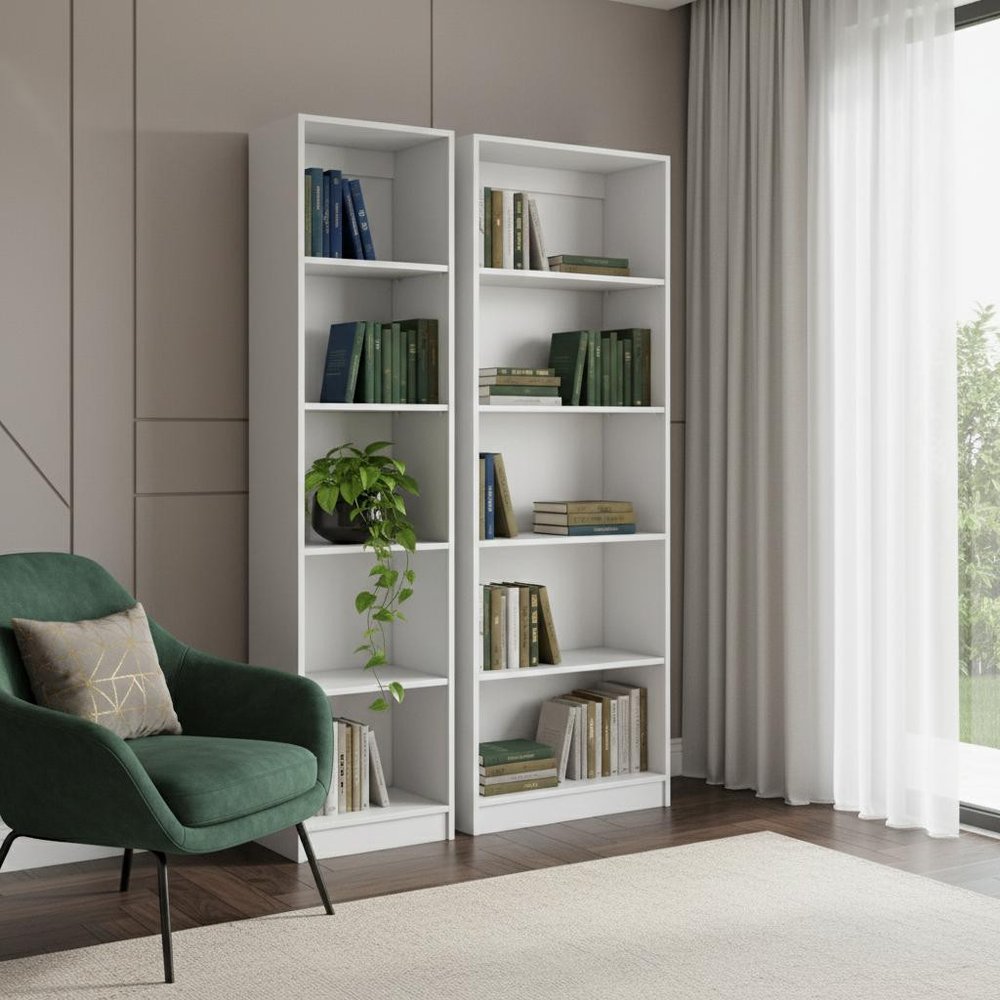 Set of Two White Wood Five Tier Modular Bookcase — view 7