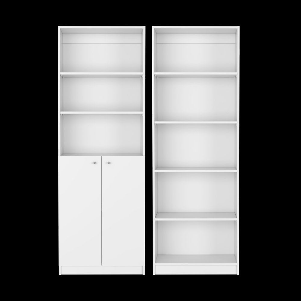 Set of Two White Wood Five Tier Modular Bookcase with Two Doors HomeRoots