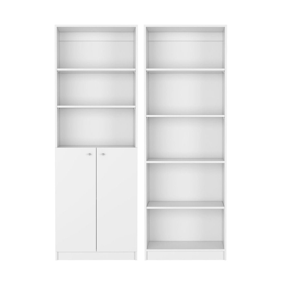 Set of Two White Wood Five Tier Modular Bookcase with Two Doors HomeRoots