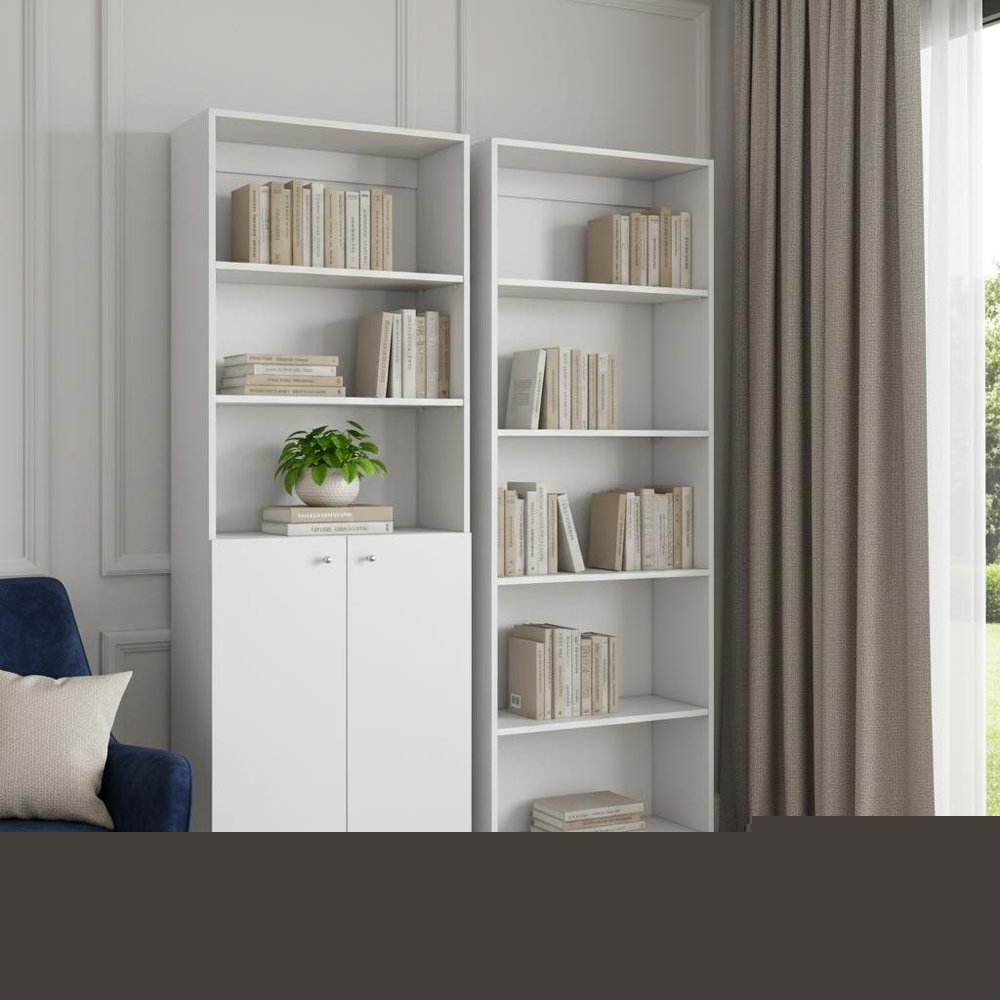 Set of Two White Wood Five Tier Modular Bookcase with Two Doors HomeRoots