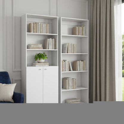 Set of Two White Wood Five Tier Modular Bookcase with Two Doors HomeRoots