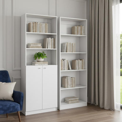 Set of Two White Wood Five Tier Modular Bookcase with Two Doors HomeRoots
