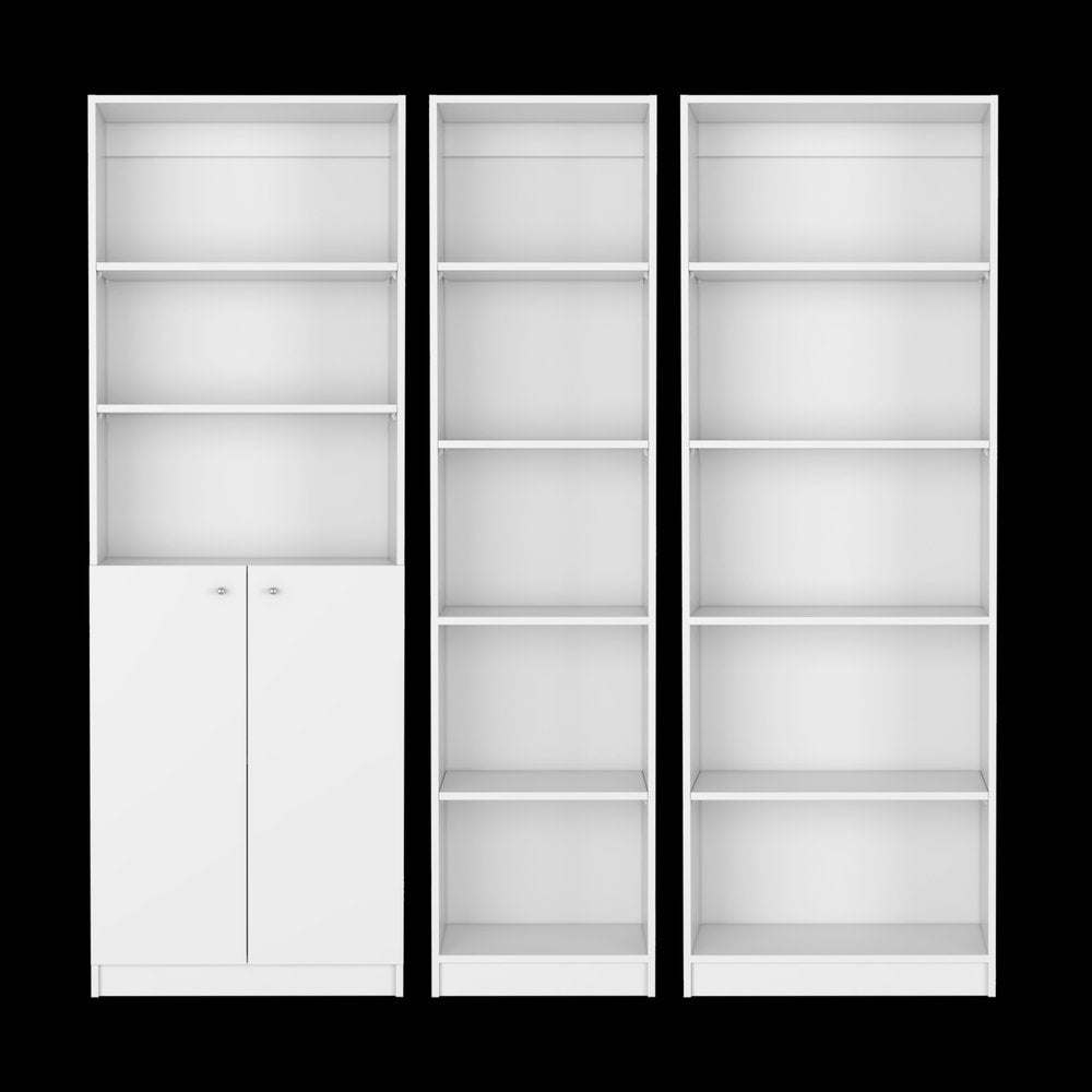 Set of Three White Wood Five Tier Modular Bookcase with Two Doors HomeRoots