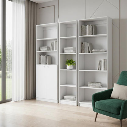 Set of Three White Wood Five Tier Modular Bookcase with Two Doors HomeRoots
