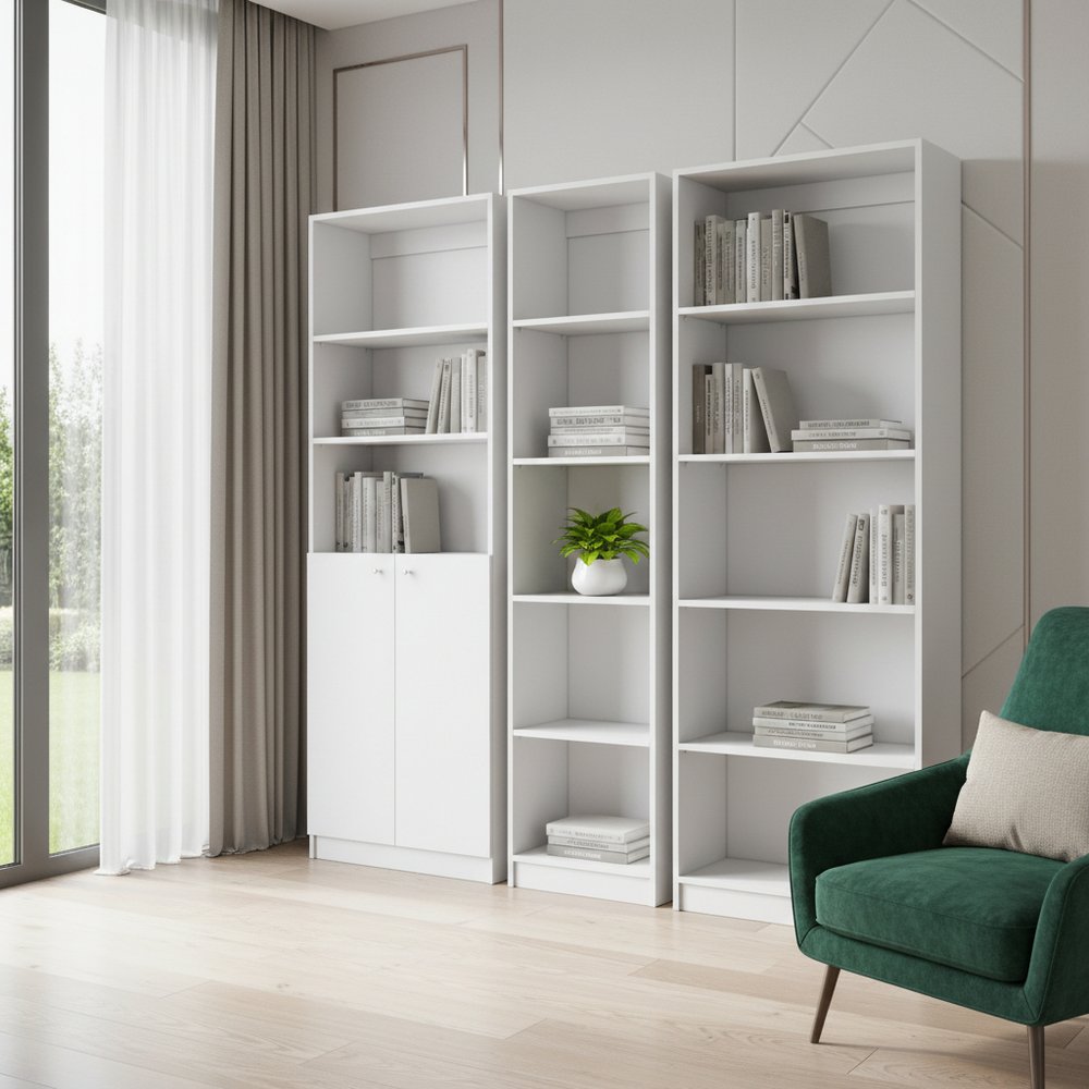 Set of Three White Wood Five Tier Modular Bookcase with Two Doors HomeRoots