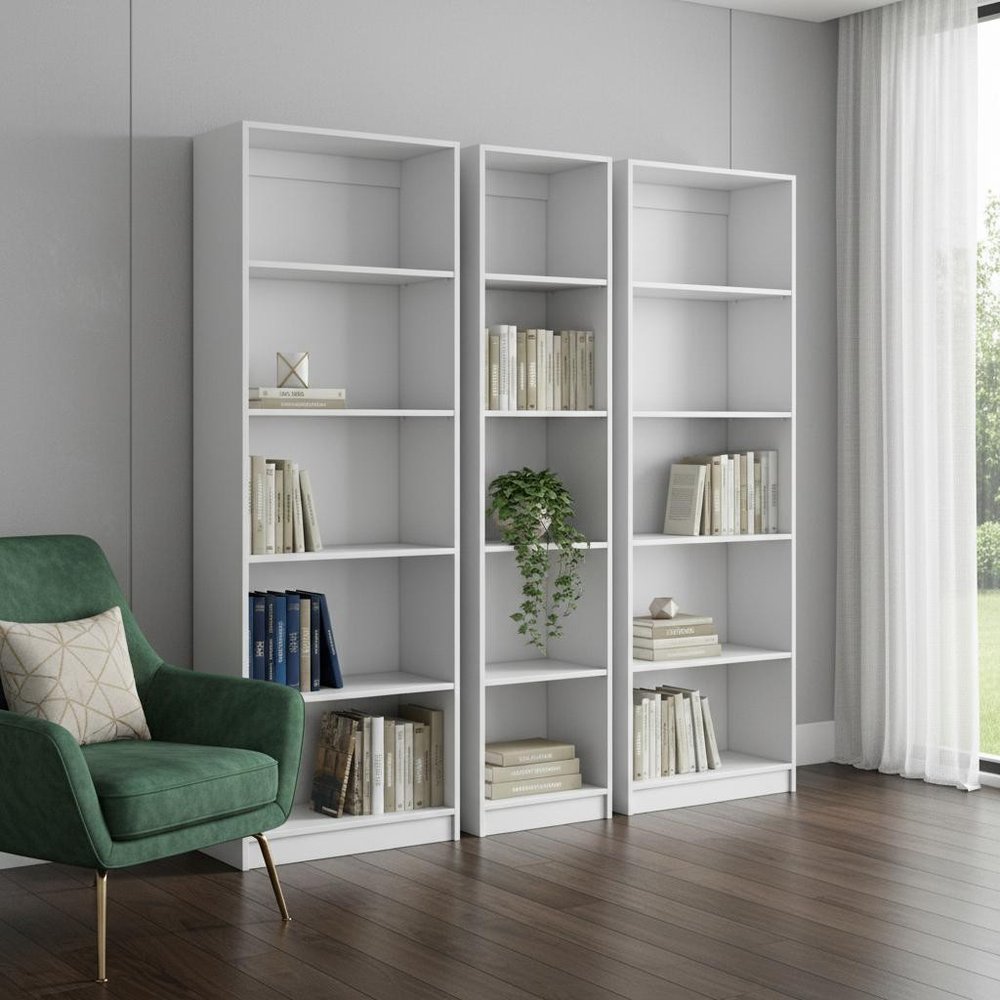 Set of Three White Wood Five Tier Modular Bookcase HomeRoots
