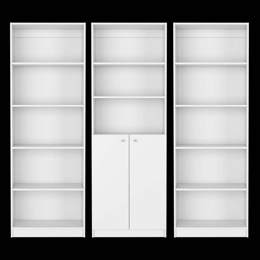 Set of Three White Wood Five Tier Modular Bookcase with Two Doors HomeRoots