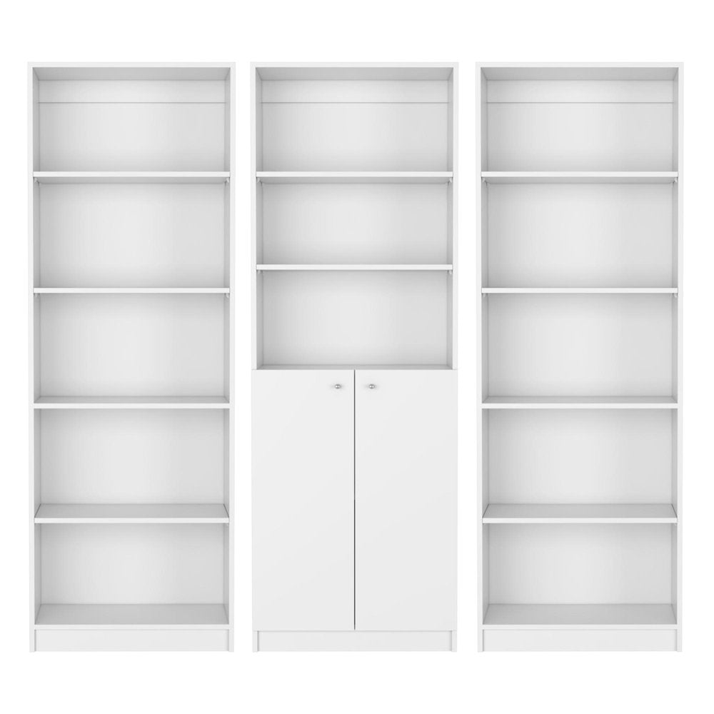 Set of Three White Wood Five Tier Modular Bookcase with Two Doors HomeRoots