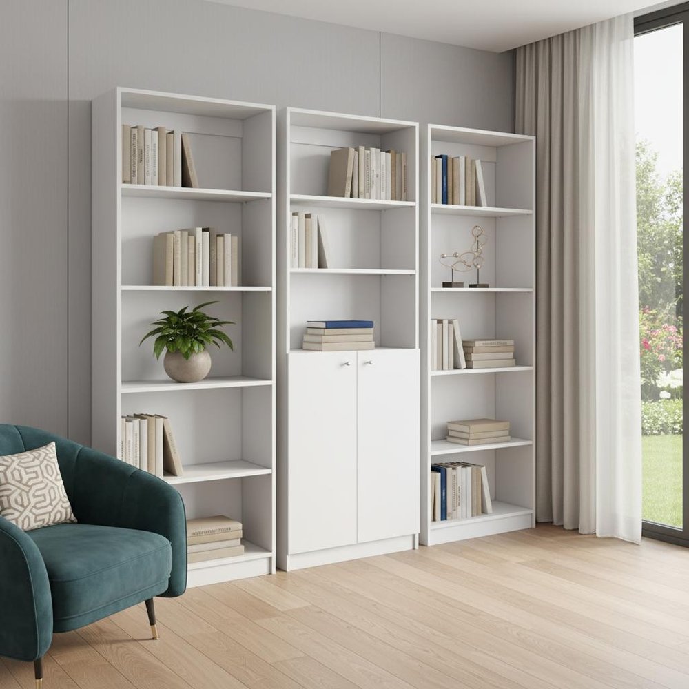 Set of Three White Wood Five Tier Modular Bookcase with Two Doors HomeRoots