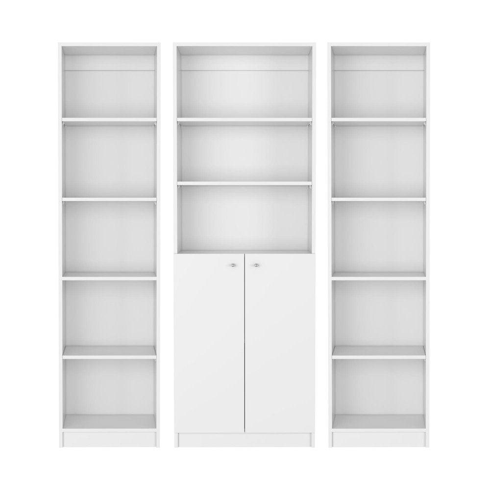 Set of Three White Wood Five Tier Modular Bookcase with Two Doors HomeRoots