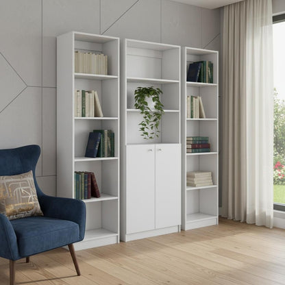 Set of Three White Wood Five Tier Modular Bookcase with Two Doors HomeRoots