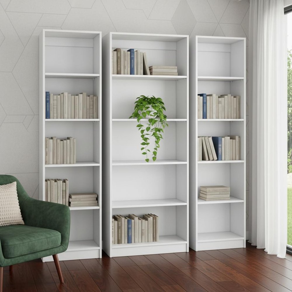Set of Three White Wood Five Tier Modular Bookcase — view 6