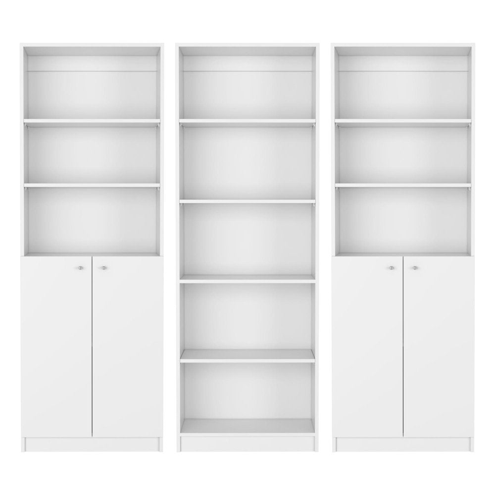 Set of Three White Wood Five Tier Modular Bookcase with Four Doors HomeRoots