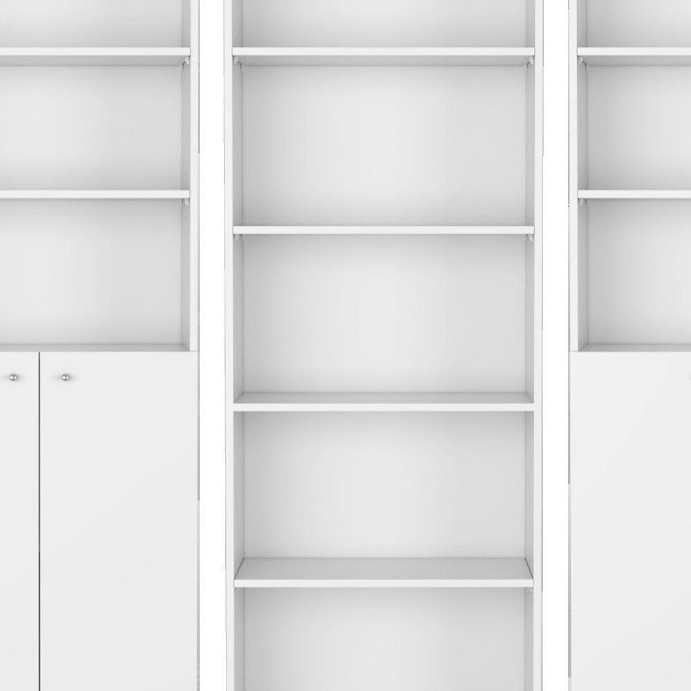 Set of Three White Wood Five Tier Modular Bookcase with Four Doors HomeRoots