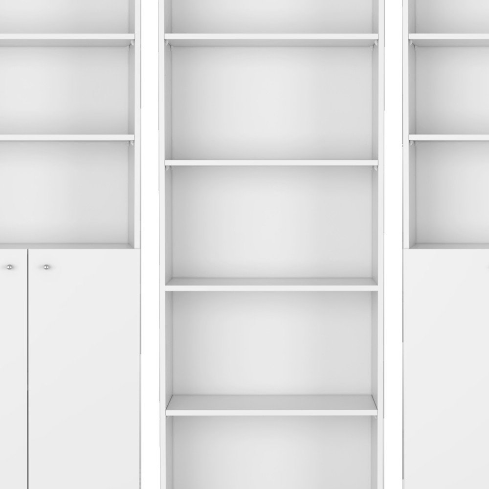 Set of Three White Wood Five Tier Modular Bookcase with Four Doors