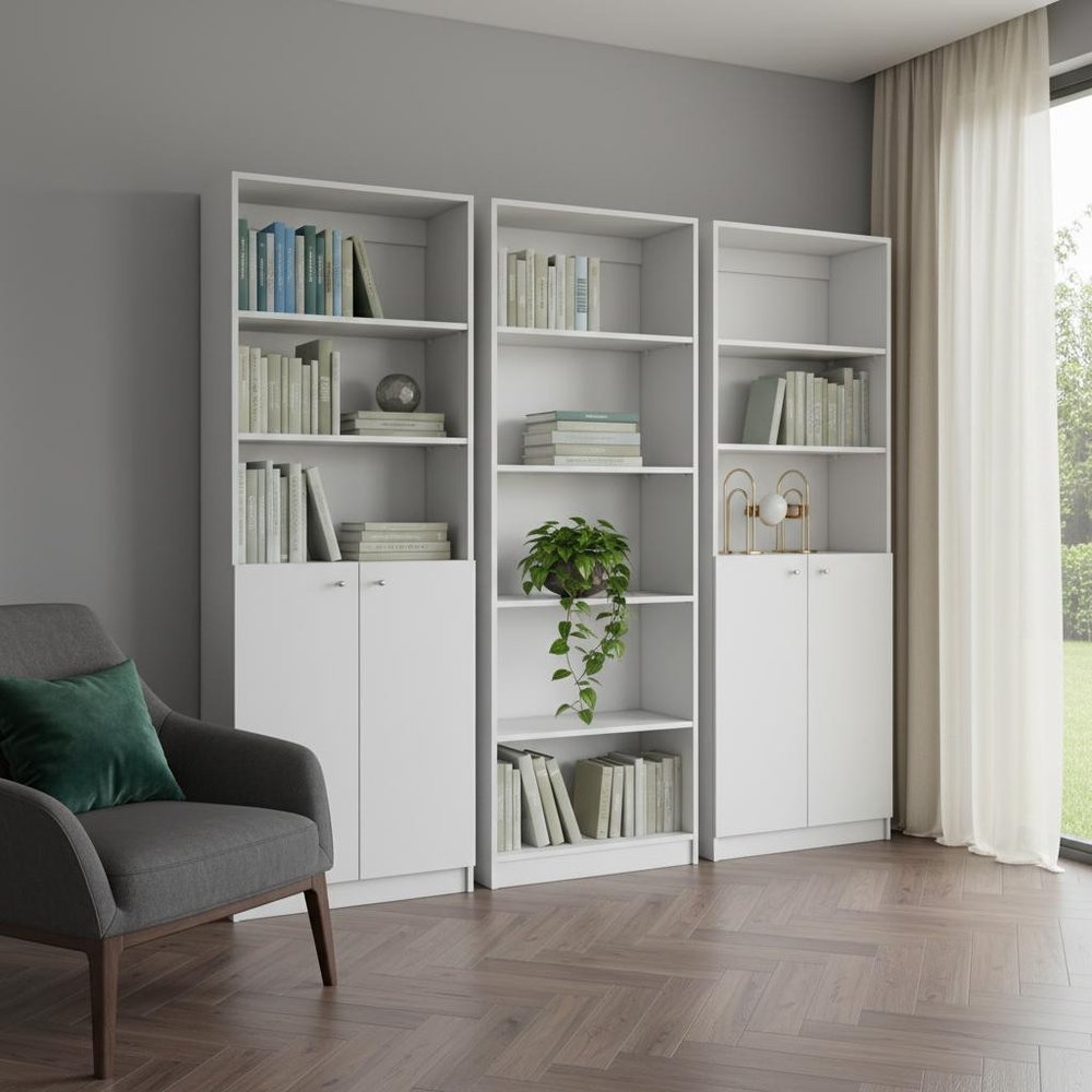 Set of Three White Wood Five Tier Modular Bookcase with Four Doors HomeRoots
