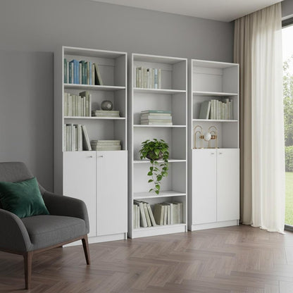 Set of Three White Wood Five Tier Modular Bookcase with Four Doors HomeRoots