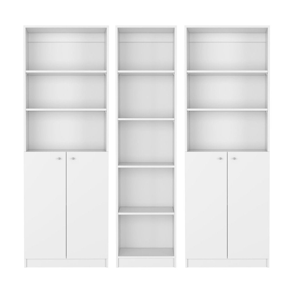 Set of Three White Wood Five Tier Modular Bookcase with Four Doors HomeRoots