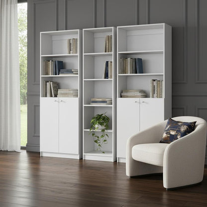 Set of Three White Wood Five Tier Modular Bookcase with Four Doors HomeRoots
