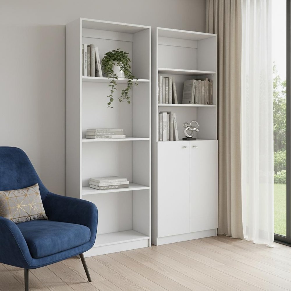 Set of Two White Wood Seven Tier Modular Bookcase with Two Doors HomeRoots