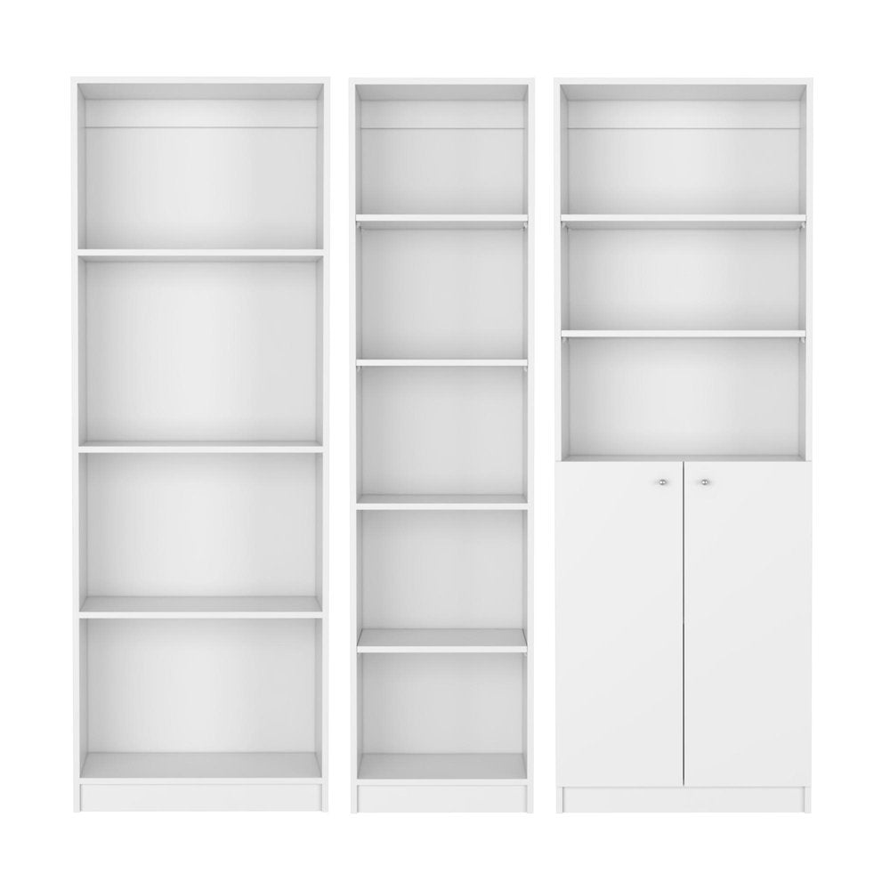 Set of Three White Wood Twelve Tier Modular Bookcase with Two Doors HomeRoots