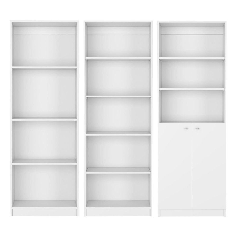 Set of Three White Wood Twelve Tier Modular Bookcase with Two Doors HomeRoots