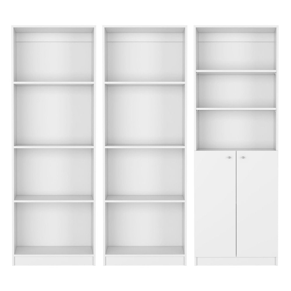 Set of Three White Wood Eleven Tier Modular Bookcase with Two Doors HomeRoots