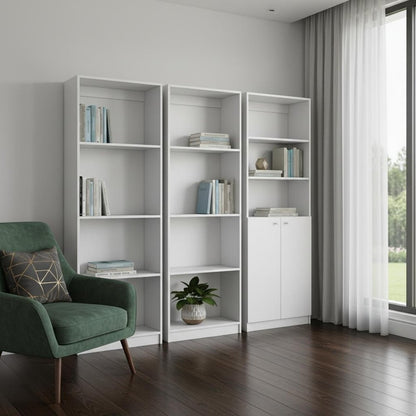 Set of Three White Wood Eleven Tier Modular Bookcase with Two Doors HomeRoots