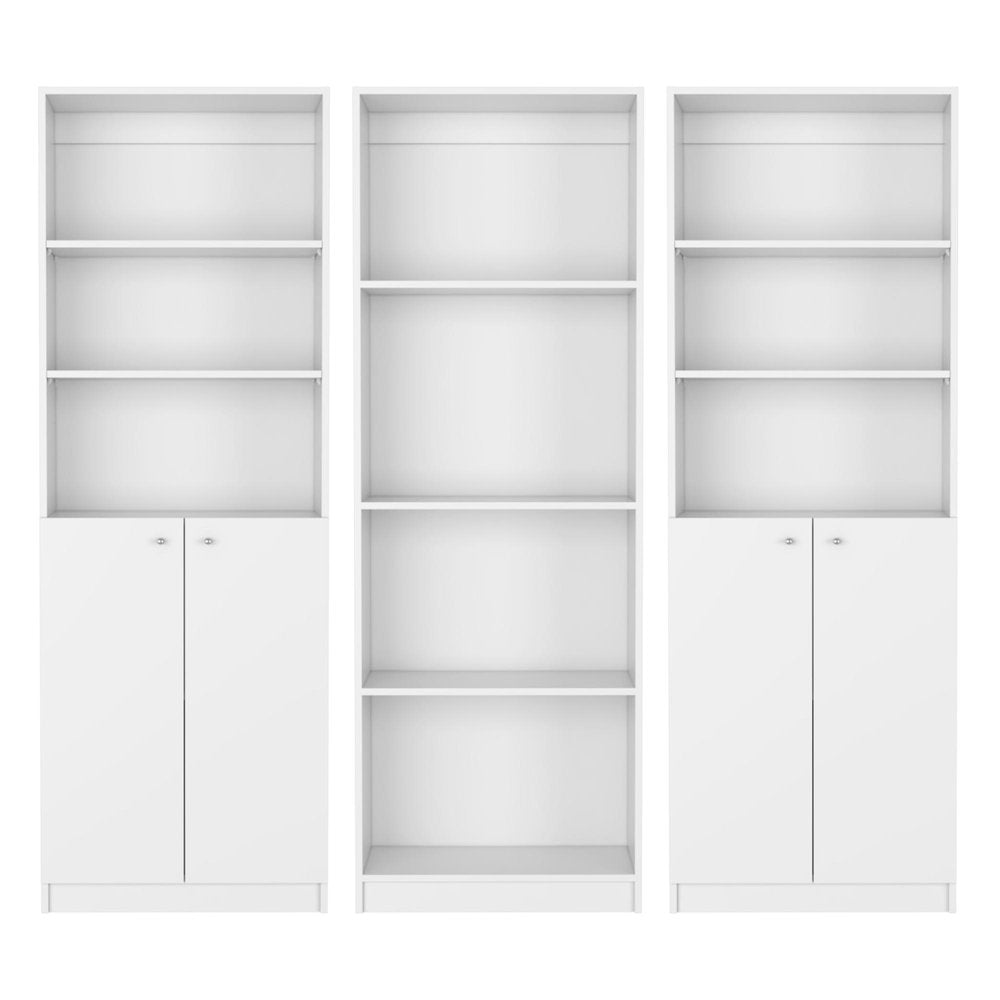 Set of Three White Wood Ten Tier Modular Bookcase with Four Doors HomeRoots