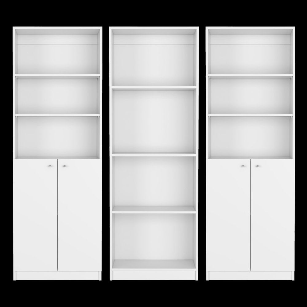 Set of Three White Wood Ten Tier Modular Bookcase with Four Doors HomeRoots