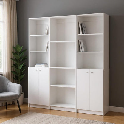 Set of Three White Wood Ten Tier Modular Bookcase with Four Doors HomeRoots