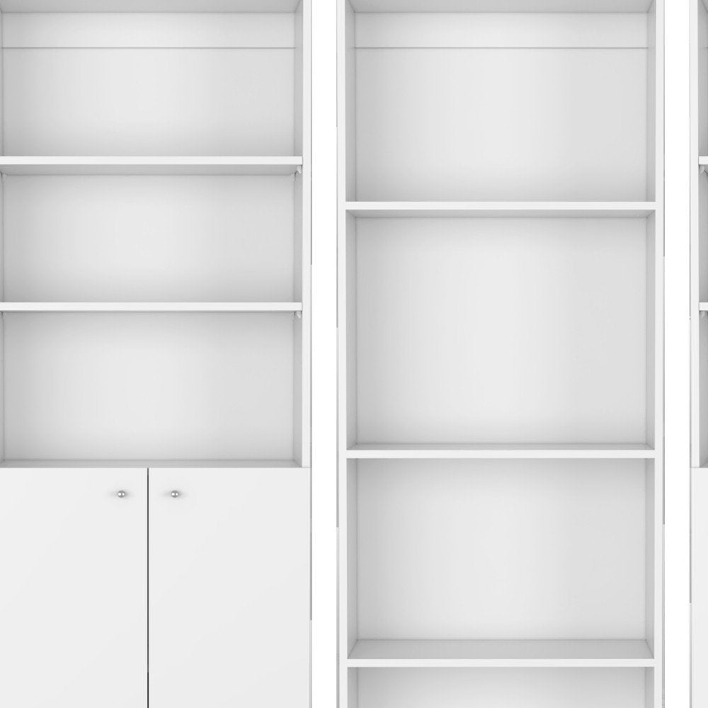 Set of Three White Wood Ten Tier Modular Bookcase with Four Doors HomeRoots