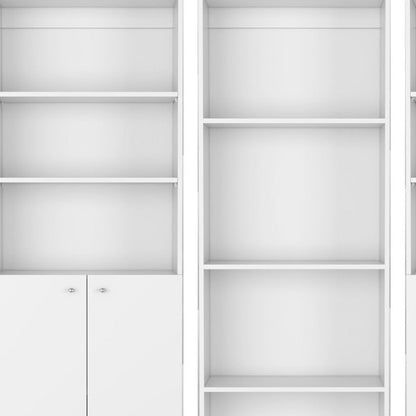 Set of Three White Wood Ten Tier Modular Bookcase with Four Doors HomeRoots