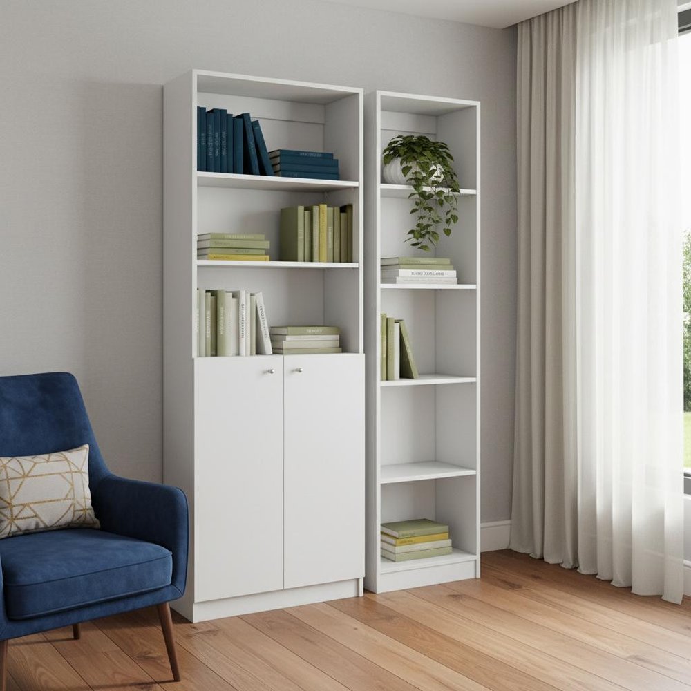 Set of Two White Wood Five Tier Modular Bookcase with Two Doors HomeRoots