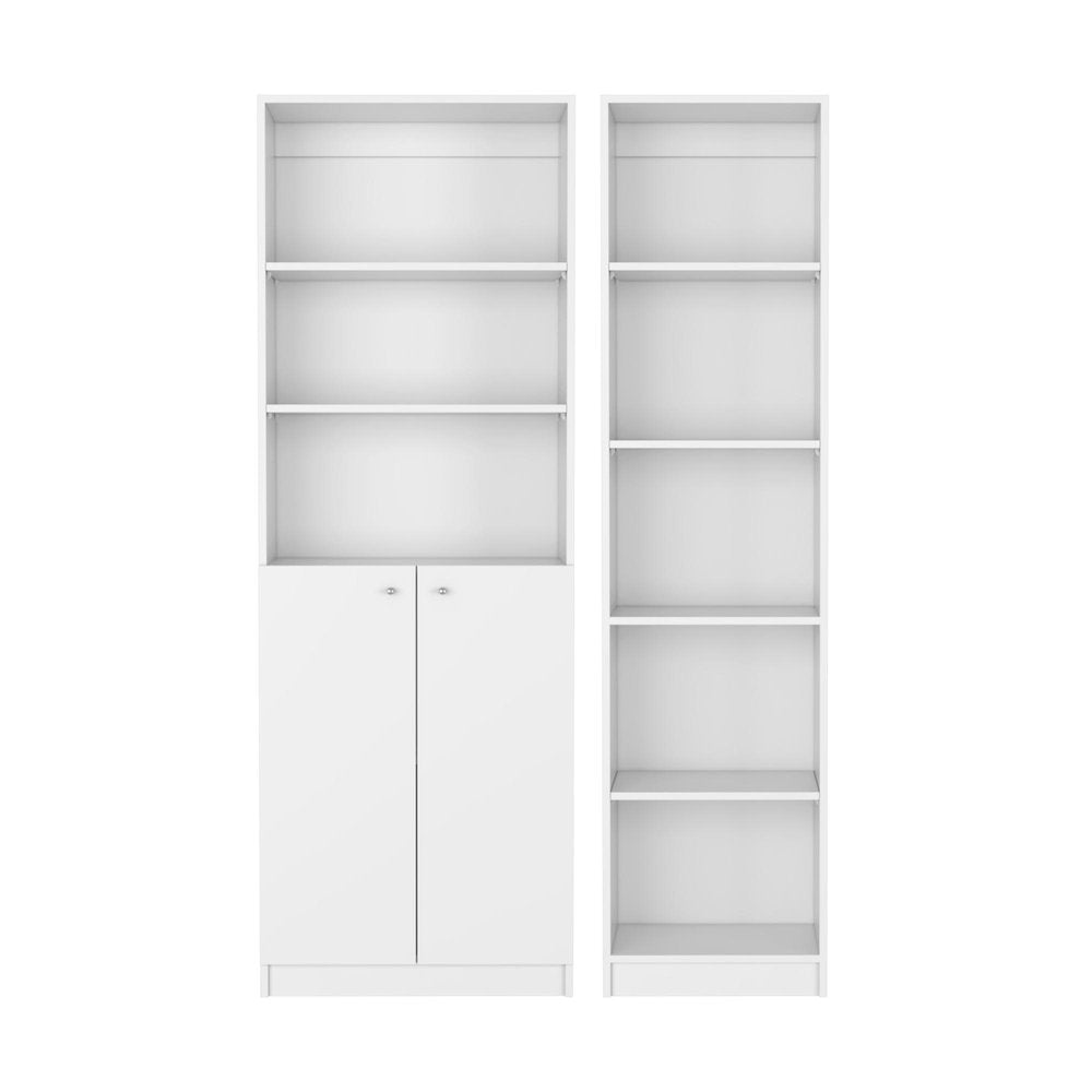 Set of Two White Wood Five Tier Modular Bookcase with Two Doors HomeRoots