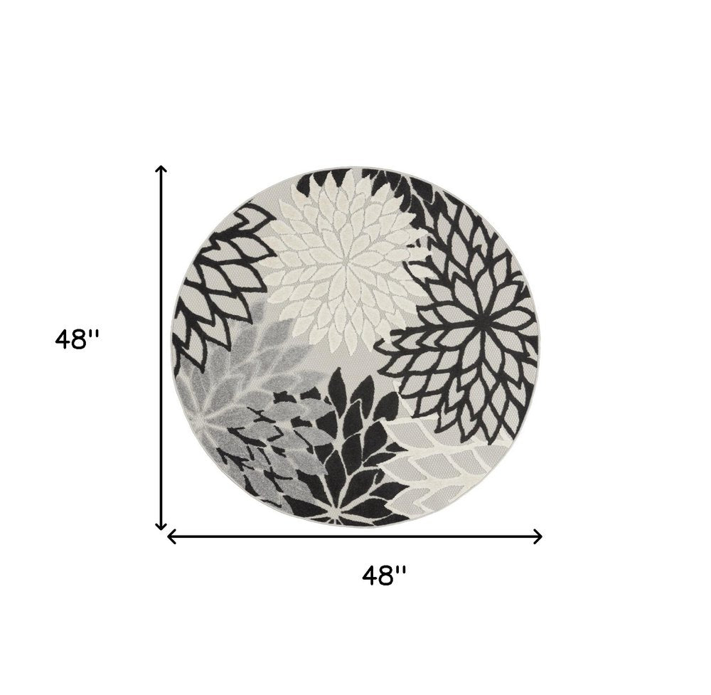 4' Black And White Round Floral Indoor Outdoor Area Rug HomeRoots