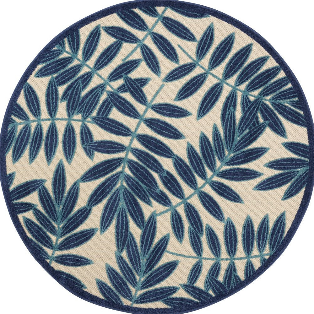 4' Navy Blue And Ivory Round Botanical Leaves Indoor Outdoor Area Rug — view 3