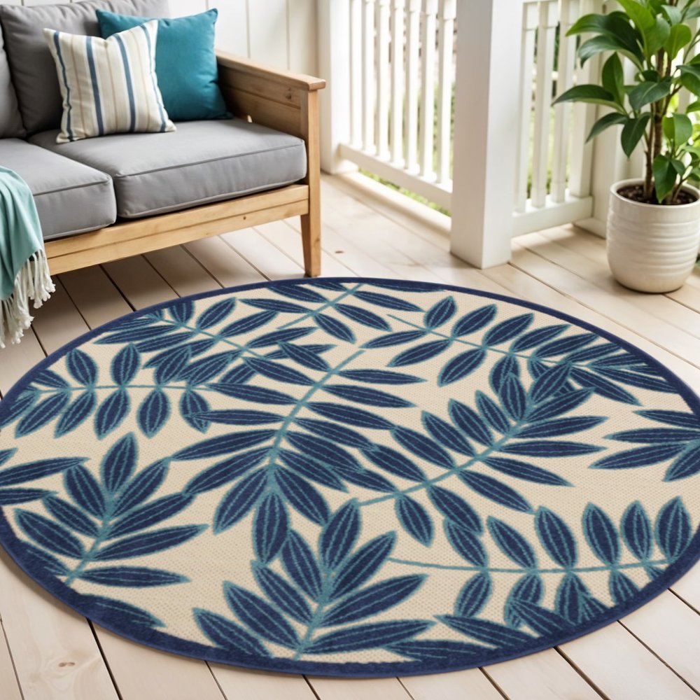 4' Navy Blue And Ivory Round Botanical Leaves Indoor Outdoor Area Rug — view 4