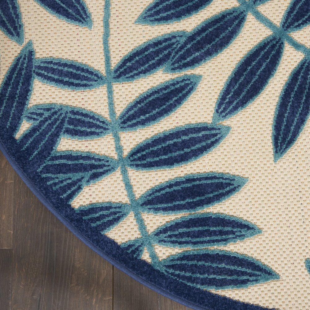 4' Navy Blue And Ivory Round Botanical Leaves Indoor Outdoor Area Rug HomeRoots